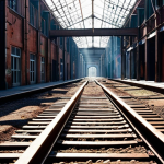 **Prompt 1:** A breathtaking site-specific art installation transforming a former urban railway yard into an artistic walkway. Rusted tracks and old catenary poles are interwoven with abstract sculptures made of polished glass and weathered metal. Sunlight casts vibrant, rainbow-like reflections onto the tracks, while subtle, evocative shadows convey a sense of the location's deep history and rebirth. The scene captures the interplay of light, urban decay, and contemporary art, inviting a multi-sensory appreciation of time and place. Artistic photography, cinematic lighting, high detail.