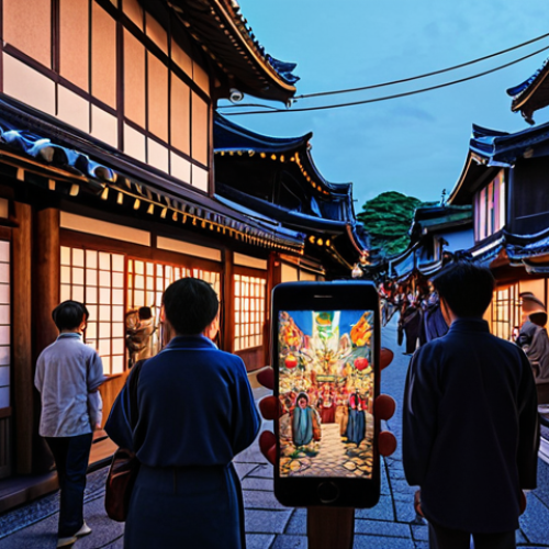 A traditional Japanese street at dusk, vibrant with dynamic projection mapping on old buildings. The mapping recreates a lively, colorful historical festival scene, with people of all ages captivated, some using smartphones for AR overlays that blend past and present seamlessly. The atmosphere is magical and nostalgic, with volumetric lighting and photorealistic detail.