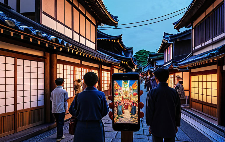 A traditional Japanese street at dusk, vibrant with dynamic projection mapping on old buildings. The mapping recreates a lively, colorful historical festival scene, with people of all ages captivated, some using smartphones for AR overlays that blend past and present seamlessly. The atmosphere is magical and nostalgic, with volumetric lighting and photorealistic detail.
