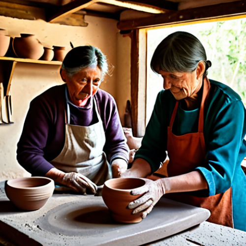 A skilled artisan, fully clothed in a modest, traditional work apron, is carefully shaping a clay pot on a pottery wheel in a rustic, sunlit workshop. Around them, a small group of local community members of various ages, dressed in appropriate attire, observe with interest, some helping to prepare clay or materials. The scene emphasizes the warm, tactile essence of handcraft and the passing down of local heritage. The workshop is filled with natural light, showcasing the earthy tones of the clay and the quiet focus of the work. safe for work, appropriate content, family-friendly, fully clothed, perfect anatomy, correct proportions, natural pose, well-formed hands, proper finger count, natural body proportions, professional photography, high quality.