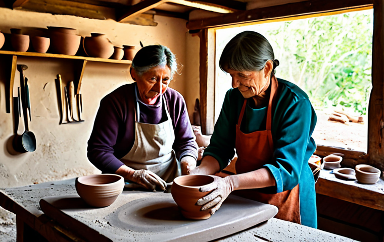 A skilled artisan, fully clothed in a modest, traditional work apron, is carefully shaping a clay pot on a pottery wheel in a rustic, sunlit workshop. Around them, a small group of local community members of various ages, dressed in appropriate attire, observe with interest, some helping to prepare clay or materials. The scene emphasizes the warm, tactile essence of handcraft and the passing down of local heritage. The workshop is filled with natural light, showcasing the earthy tones of the clay and the quiet focus of the work. safe for work, appropriate content, family-friendly, fully clothed, perfect anatomy, correct proportions, natural pose, well-formed hands, proper finger count, natural body proportions, professional photography, high quality.