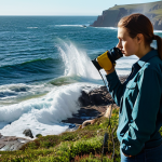 A professional artist, fully clothed in modest outdoor attire, thoughtfully observing a large-scale, environmentally conscious site-specific art installation on a rugged coastline. The art piece integrates natural elements like sunlight and ocean spray, with subtle, ethereal light projections creating a dynamic interplay between nature and digital expression. The scene is captured with professional photography, showcasing perfect anatomy, correct proportions, and a natural pose. The overall image is safe for work, appropriate content, fully clothed, and family-friendly, emphasizing the harmony between art and nature.