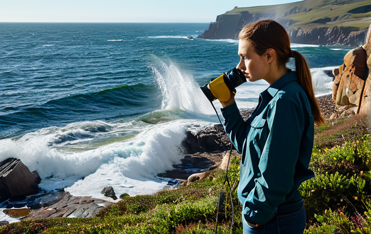 A professional artist, fully clothed in modest outdoor attire, thoughtfully observing a large-scale, environmentally conscious site-specific art installation on a rugged coastline. The art piece integrates natural elements like sunlight and ocean spray, with subtle, ethereal light projections creating a dynamic interplay between nature and digital expression. The scene is captured with professional photography, showcasing perfect anatomy, correct proportions, and a natural pose. The overall image is safe for work, appropriate content, fully clothed, and family-friendly, emphasizing the harmony between art and nature.