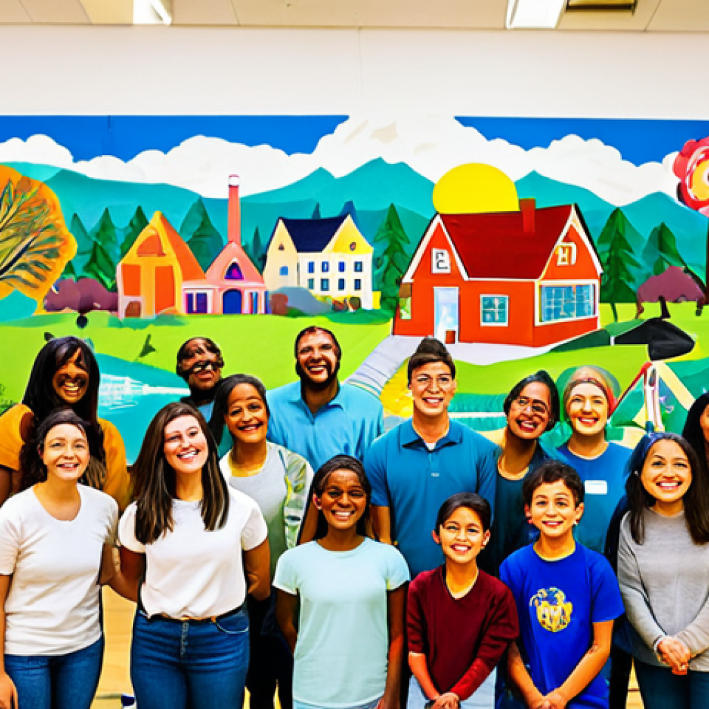 Community Art Workshop**
"A diverse group of fully clothed adults and teenagers are collaborating on a large mural in a brightly lit community center. The mural depicts local landmarks and nature scenes. Everyone is smiling and engaged. Safe for work, appropriate content, professional environment, perfect anatomy, natural proportions, well-formed hands, proper finger count, family-friendly, fully clothed, modest clothing, high quality."
**