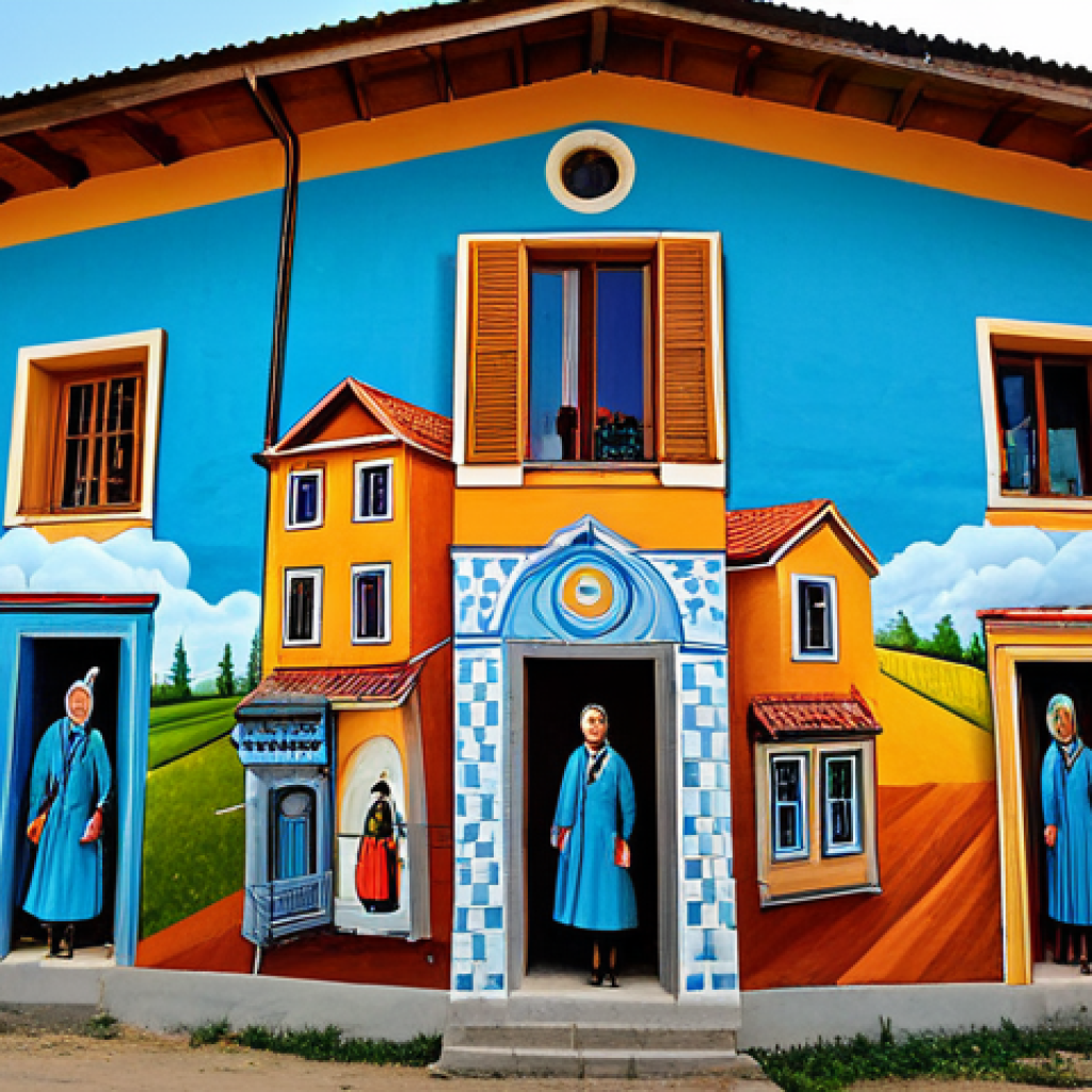 Rural Revitalization through Art**
"A vibrant mural on a rural village building, created collaboratively by young artists and local residents, showcasing regional specialties and culture, fully clothed individuals, appropriate attire, safe for work, perfect anatomy, correct proportions, natural pose, daytime, clear sky, professional photography, high quality, modest clothing."
**