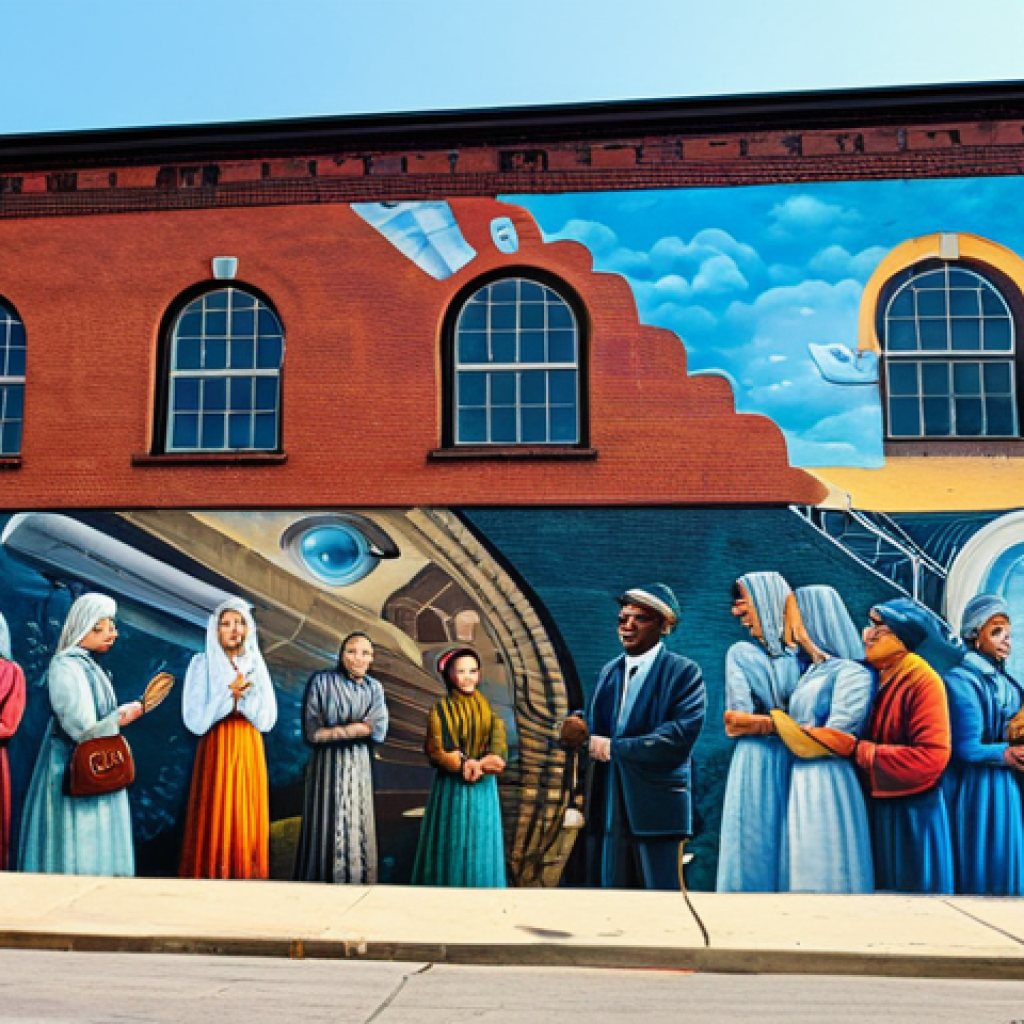 **

A vibrant, colorful mural on the side of an old warehouse in a revitalized urban district. The mural depicts scenes of the area's history, blending the past with futuristic elements. People are shown admiring the artwork, creating a sense of community and engagement. Fully clothed, appropriate attire, safe for work, perfect anatomy, natural proportions, professional, high quality, well-formed hands, proper finger count, modest clothing.

**