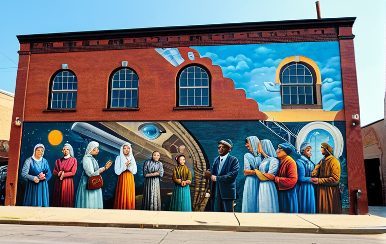 **

A vibrant, colorful mural on the side of an old warehouse in a revitalized urban district. The mural depicts scenes of the area's history, blending the past with futuristic elements. People are shown admiring the artwork, creating a sense of community and engagement. Fully clothed, appropriate attire, safe for work, perfect anatomy, natural proportions, professional, high quality, well-formed hands, proper finger count, modest clothing.

**