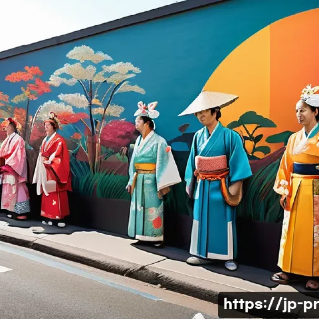장소 특정적 예술의 상징적 의미 - A vibrant urban mural vividly depicting a traditional Japanese festival scene, blending rich colors ...