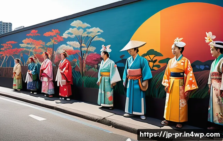 장소 특정적 예술의 상징적 의미 - A vibrant urban mural vividly depicting a traditional Japanese festival scene, blending rich colors ...