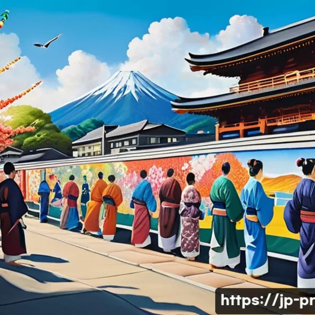 장소 특정적 예술과 사회적 기업의 역할 - A vibrant community mural depicting a traditional Japanese festival with people of all ages particip...