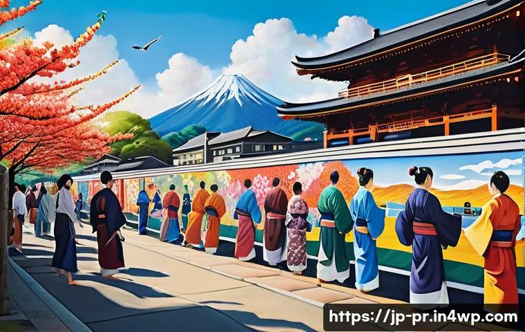 장소 특정적 예술과 사회적 기업의 역할 - A vibrant community mural depicting a traditional Japanese festival with people of all ages particip...