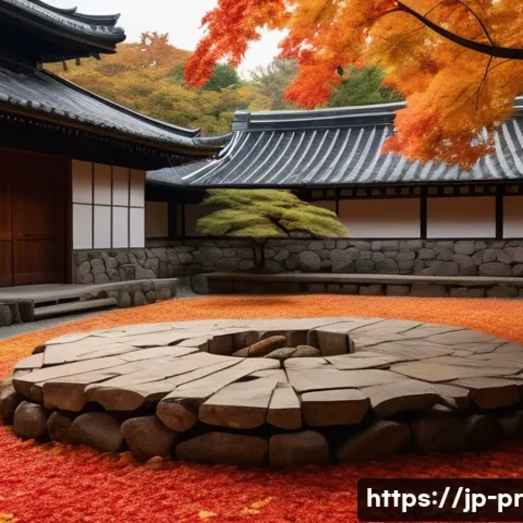 장소 특정적 예술의 철학적 접근 - An outdoor installation set in a historic Japanese castle ruin during autumn, featuring traditional ...