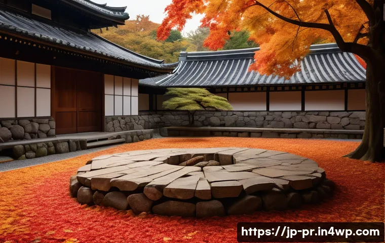 장소 특정적 예술의 철학적 접근 - An outdoor installation set in a historic Japanese castle ruin during autumn, featuring traditional ...