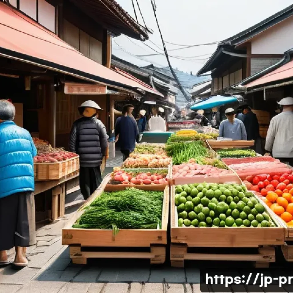 장소 특정적 예술의 실행 단계 - A lively Japanese morning market scene in a regional town, capturing the bustling atmosphere with ve...