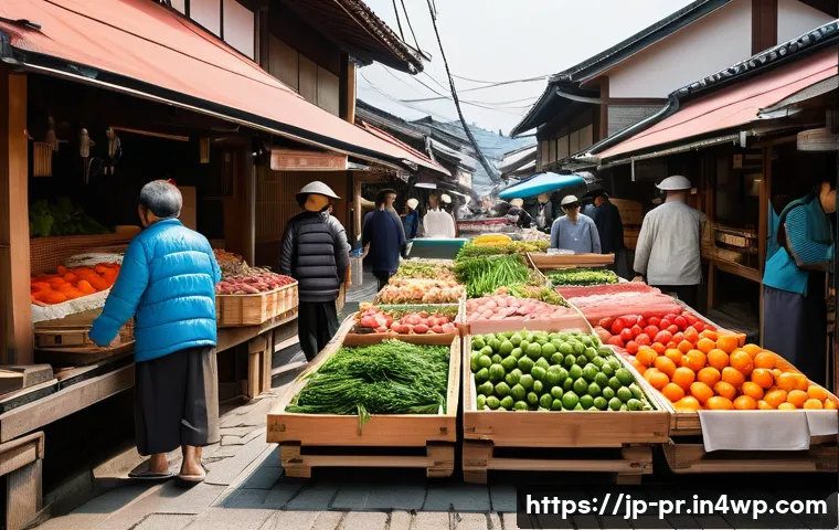 장소 특정적 예술의 실행 단계 - A lively Japanese morning market scene in a regional town, capturing the bustling atmosphere with ve...