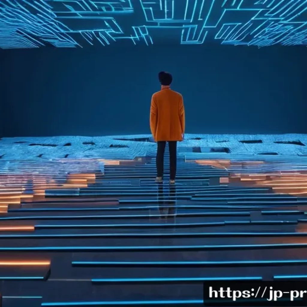 장소 특정적 예술의 정체성 탐구 - A large immersive installation art scene featuring a labyrinth made of countless reflective mirrors,...