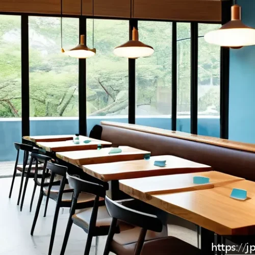 장소 특정적 예술을 위한 기법 - A modern cafe interior featuring a harmonious blend of warm natural wood tables and sleek steel chai...