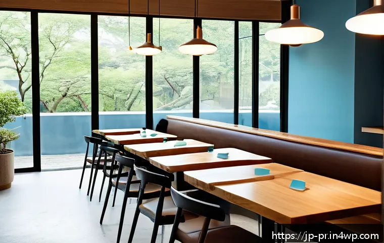 장소 특정적 예술을 위한 기법 - A modern cafe interior featuring a harmonious blend of warm natural wood tables and sleek steel chai...