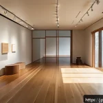 장소 특정적 예술과 공간의 의미 - A modern art gallery interior featuring a warm wooden floor with visible natural grain textures, sof...