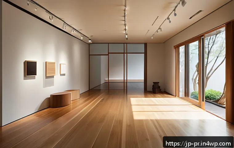 장소 특정적 예술과 공간의 의미 - A modern art gallery interior featuring a warm wooden floor with visible natural grain textures, sof...