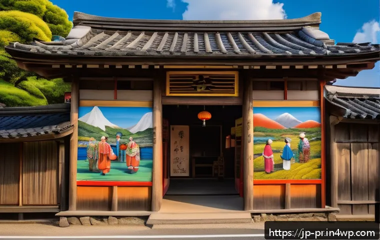 장소 특정적 예술과 주민 참여의 중요성 - A vibrant mural on the wall of a traditional Japanese village building, depicting local legends and ...
