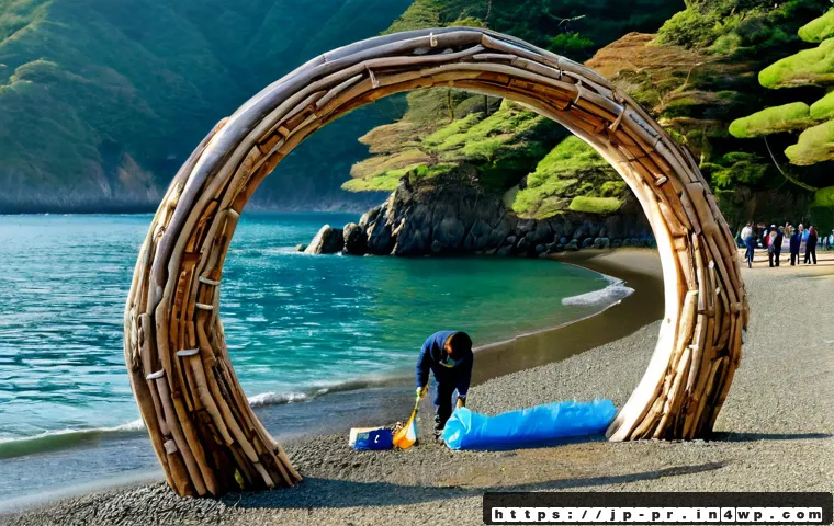 장소 특정적 예술과 환경 보호 - Photorealistic site-specific environmental art installation on a quiet Japanese coastal shoreline, a...